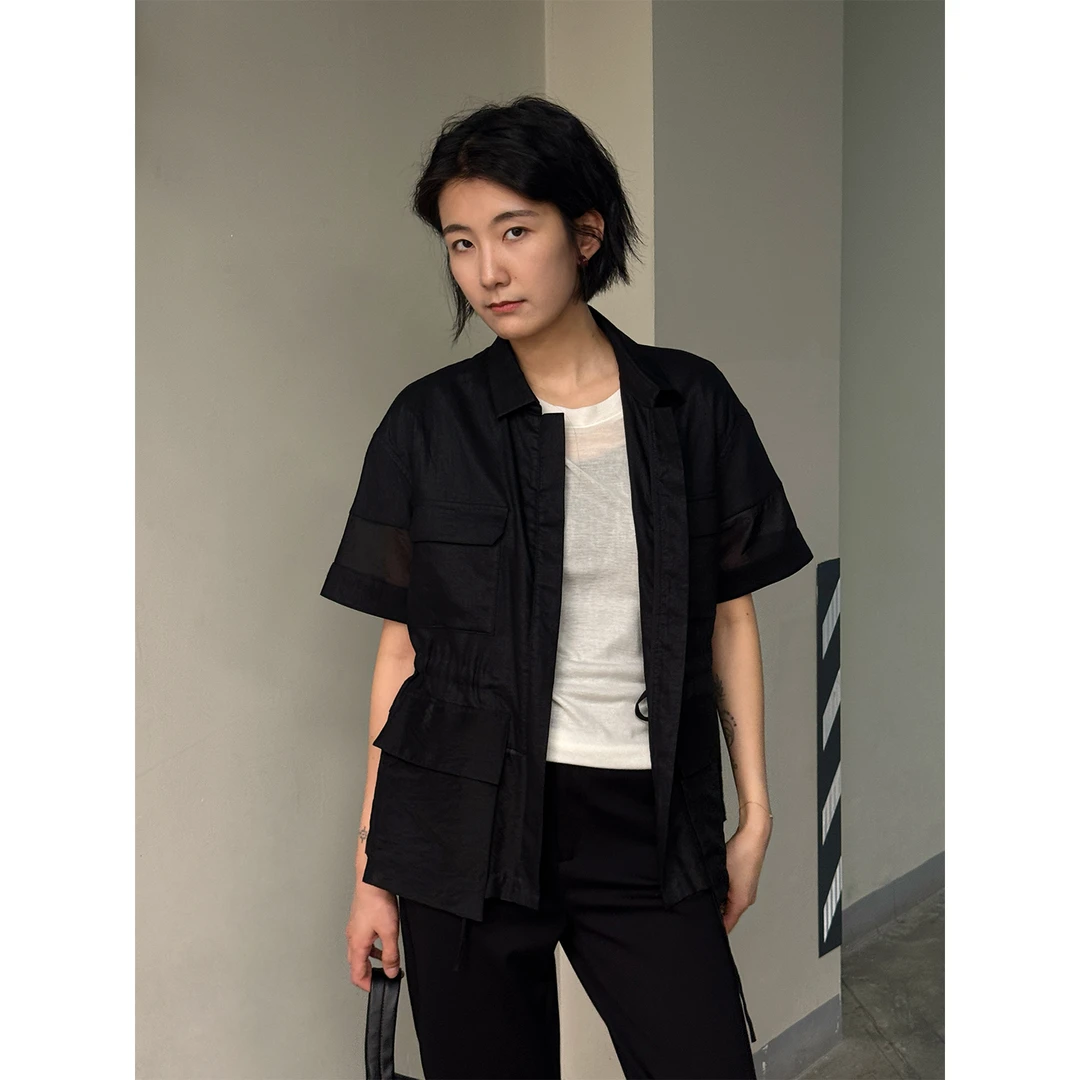 LANGQING 夏薄款设计感小众亚麻休闲黑色外套44595#