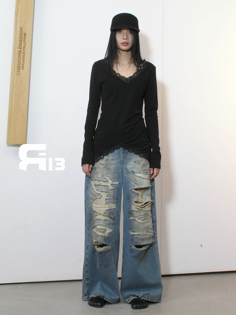 拼花边打底长袖（黑色）8356