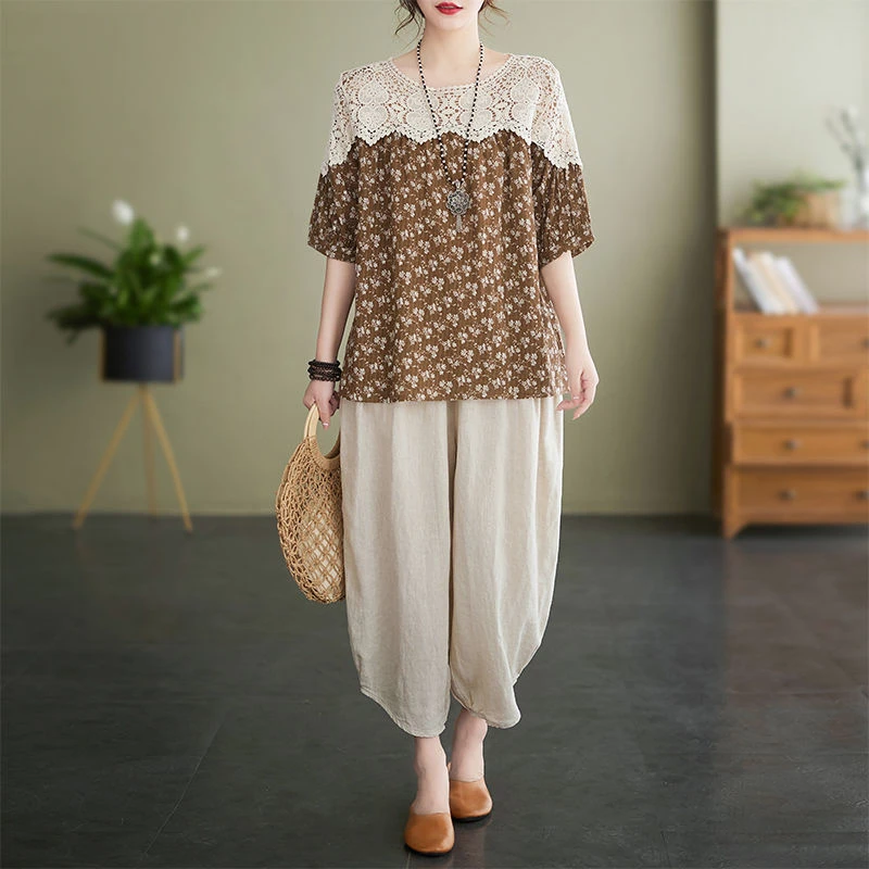 200斤高档大码亚麻两件套2025新款高贵时尚哈伦裤夏装套装