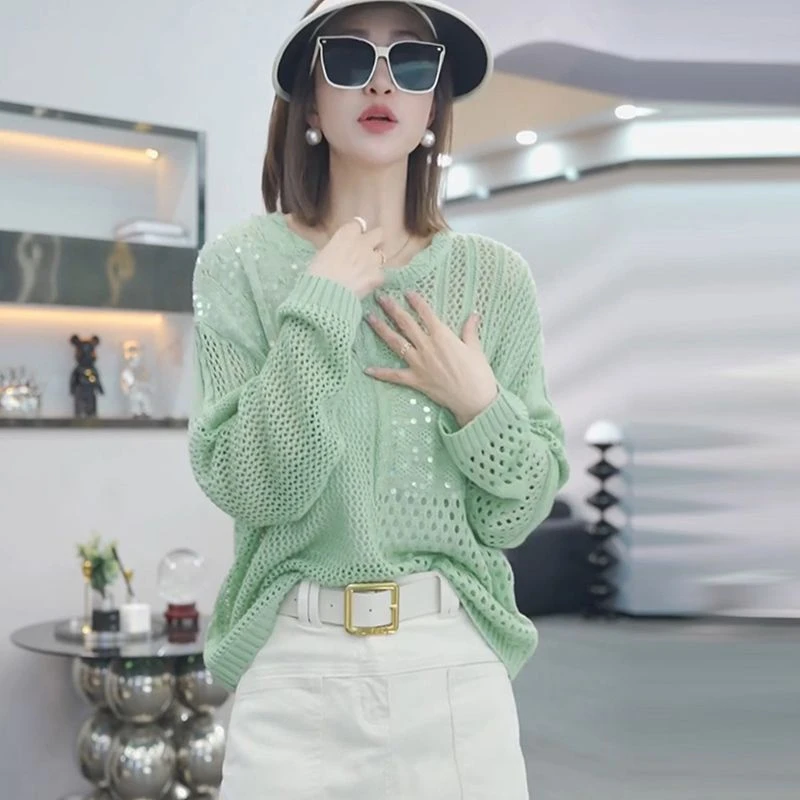 2025年夏季新款镂空亮片设计感长袖针织衫女大码宽松遮肉百搭上衣