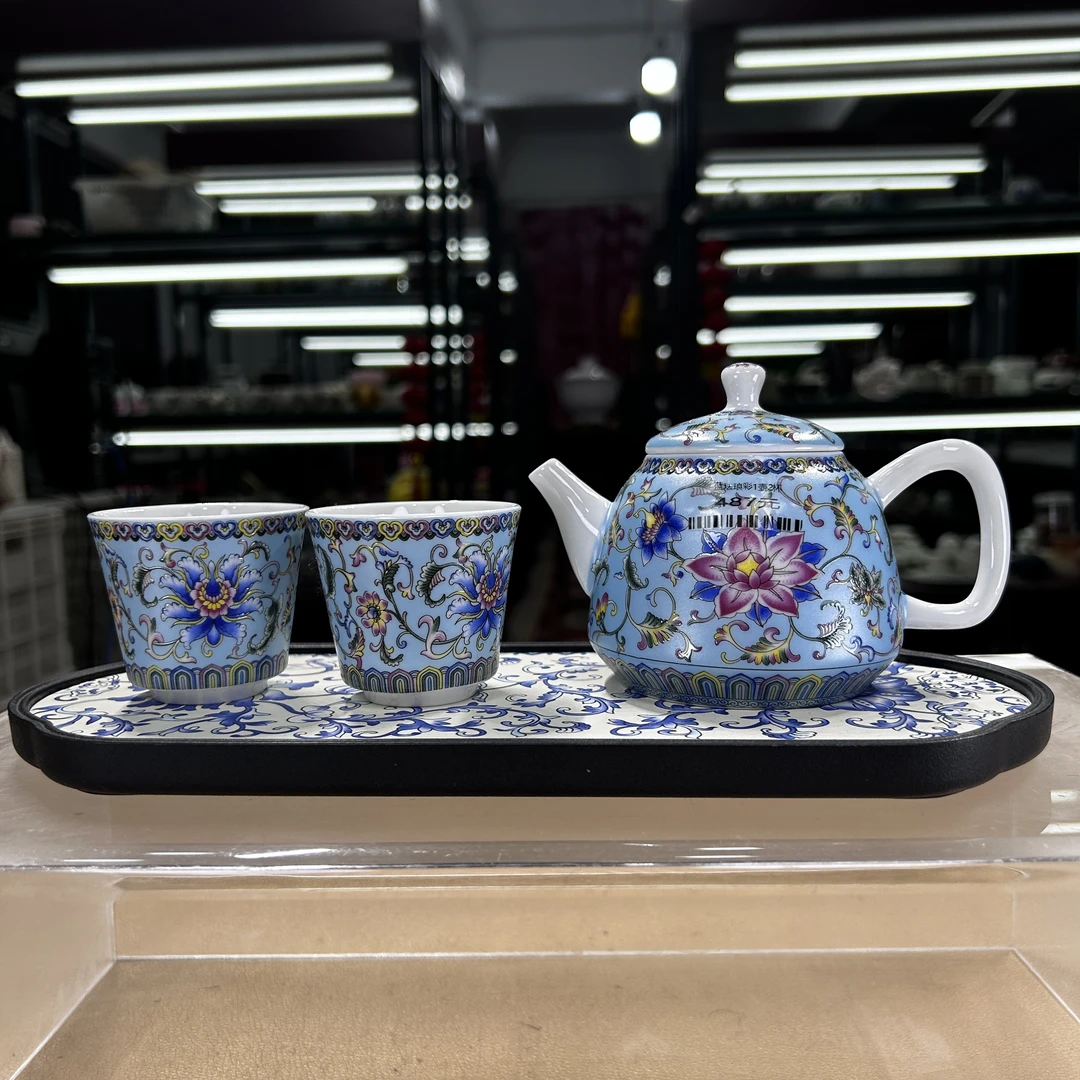 德化云仓 缠枝莲蓝壶一壶两杯+茶盘功夫茶具-2328