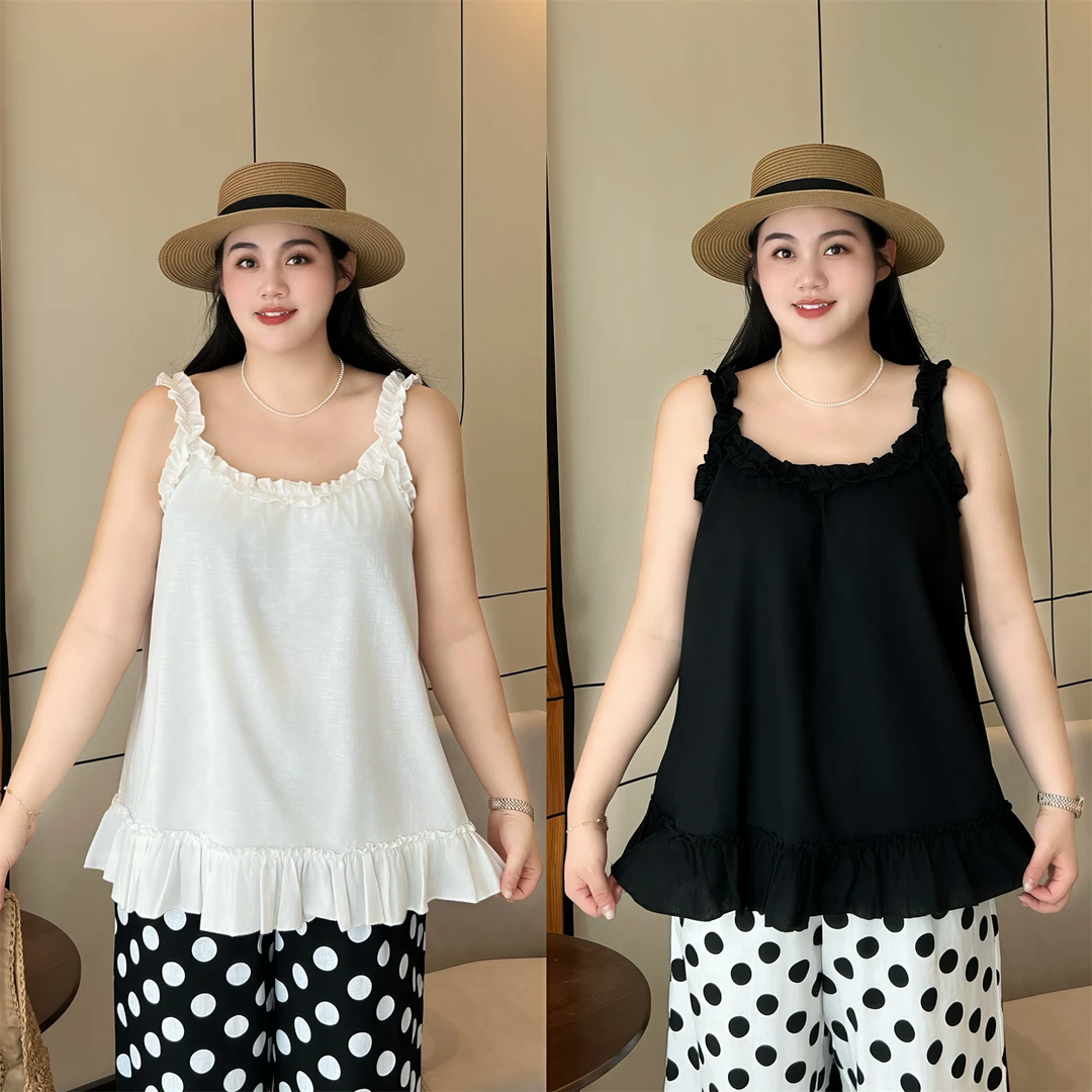 济州薄雾 / 法式木耳边无袖显瘦吊带上衣 4311花契大码200斤胖mm