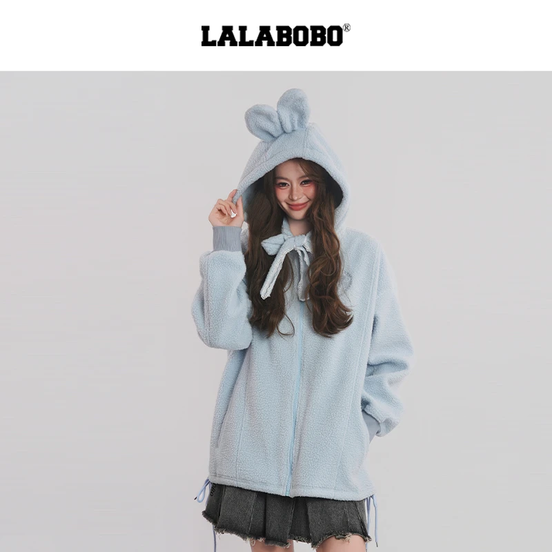 LALA加绒宽松毛绒加厚带帽立体兔耳朵连帽开衫RBEC-WSTS13