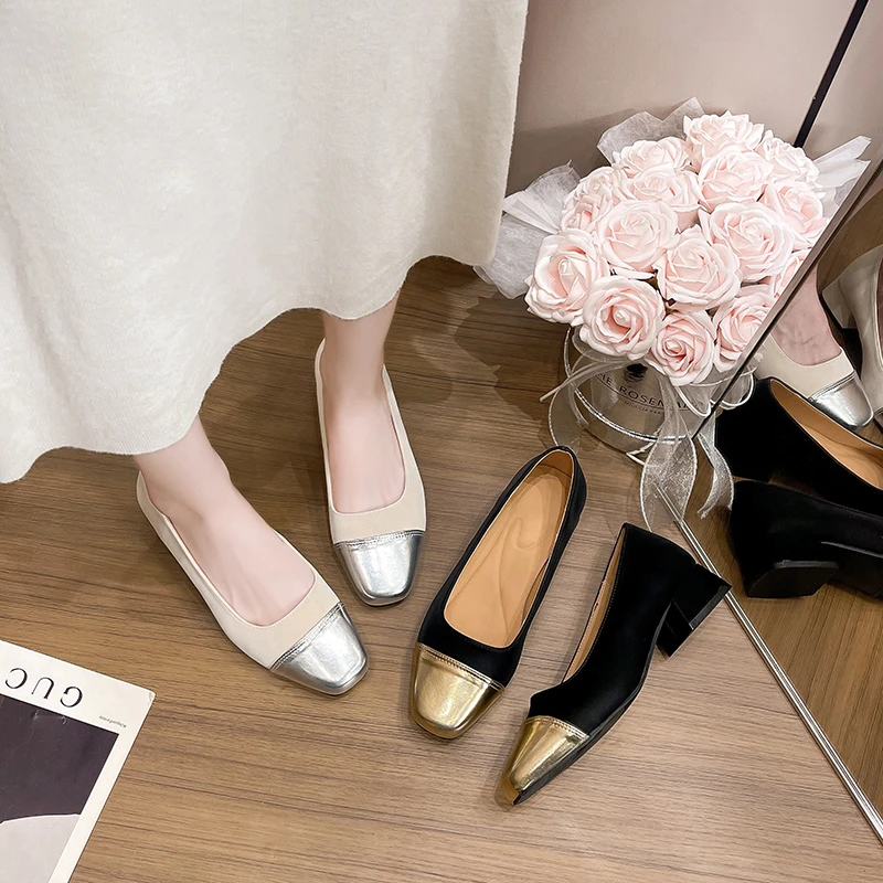 【诺一家加宽加肥大码女鞋】小香风优雅方头浅口单鞋皮鞋粗跟玛丽珍