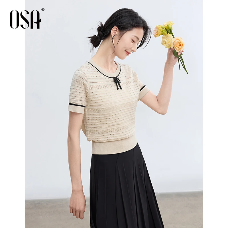 OSA/欧莎 空针织衫女夏季轻薄法式蝴蝶结圆领短袖上衣S125B16001