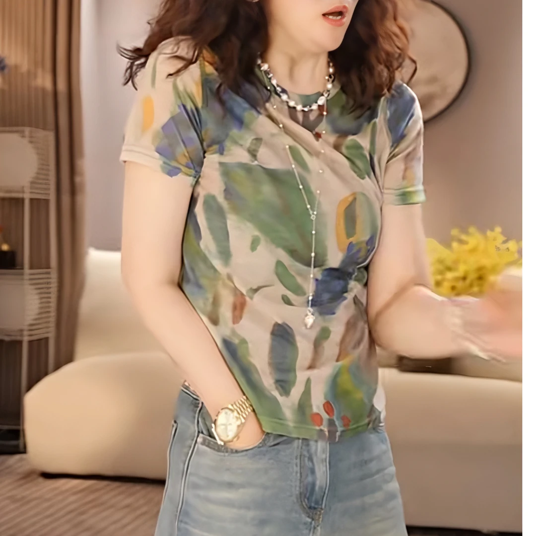 欧洲站新款复古印花短袖T恤女修身洋气半袖小衫别致上衣拼色体恤
