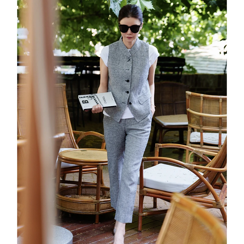 VESSI 金社长 “月光曲 ”系列千鸟格厚织立领马甲/裤子套装