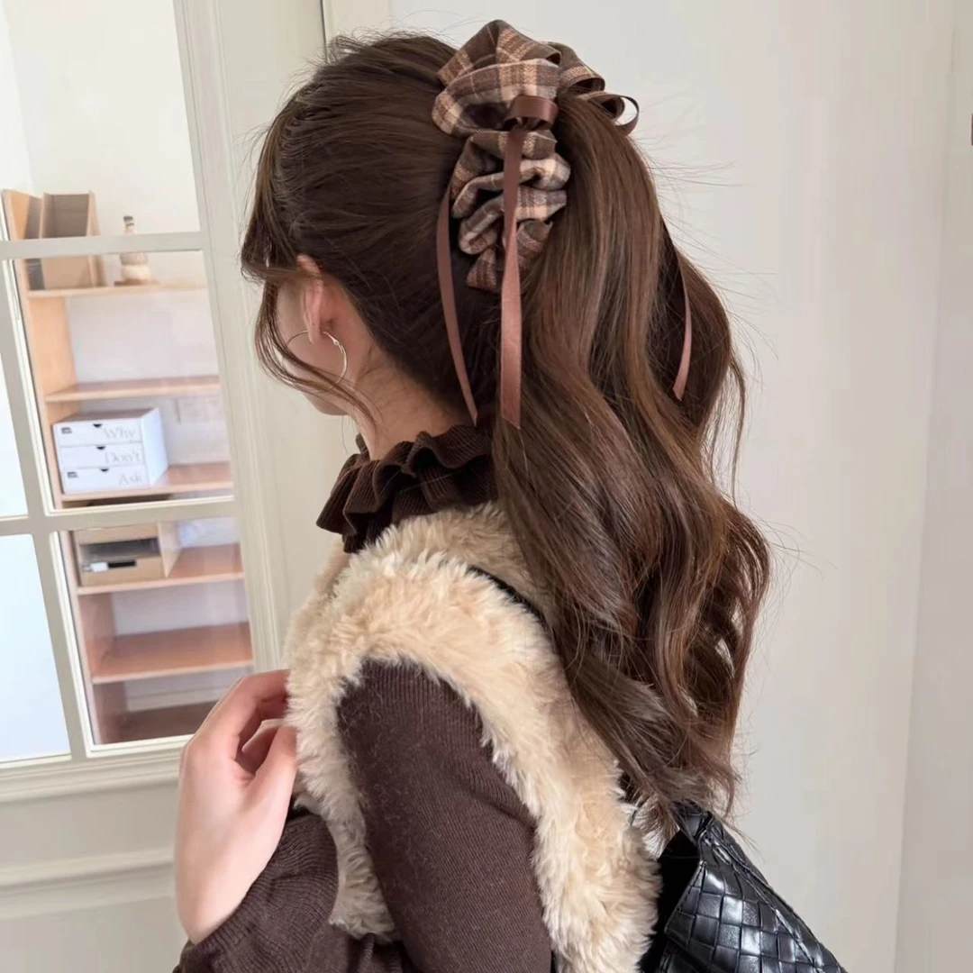 韩系格纹泡泡蝴蝶结飘带香蕉夹女秋冬饱满后脑勺马尾夹竖夹发夹