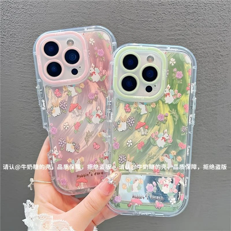 创意蘑菇兔子镜面支架适用苹果16华为oppo小米vivo夏季新款手机壳