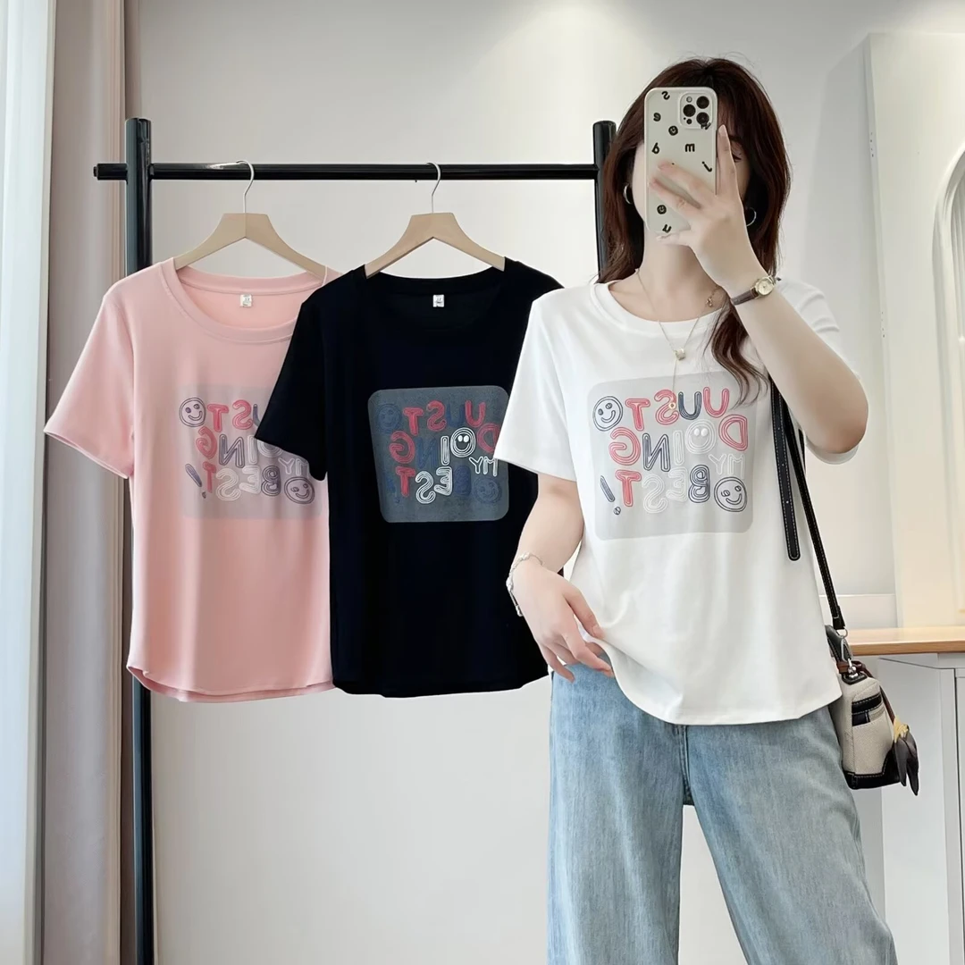 大码胖mm洋气显瘦宽松气泡印花百搭圆领T恤夏季新款韩系减龄上衣
