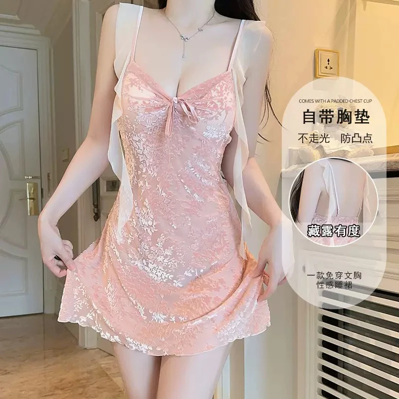 夏季甜美丝绒性感睡衣大码轻奢深V加胸垫慵懒睡裙家居套装