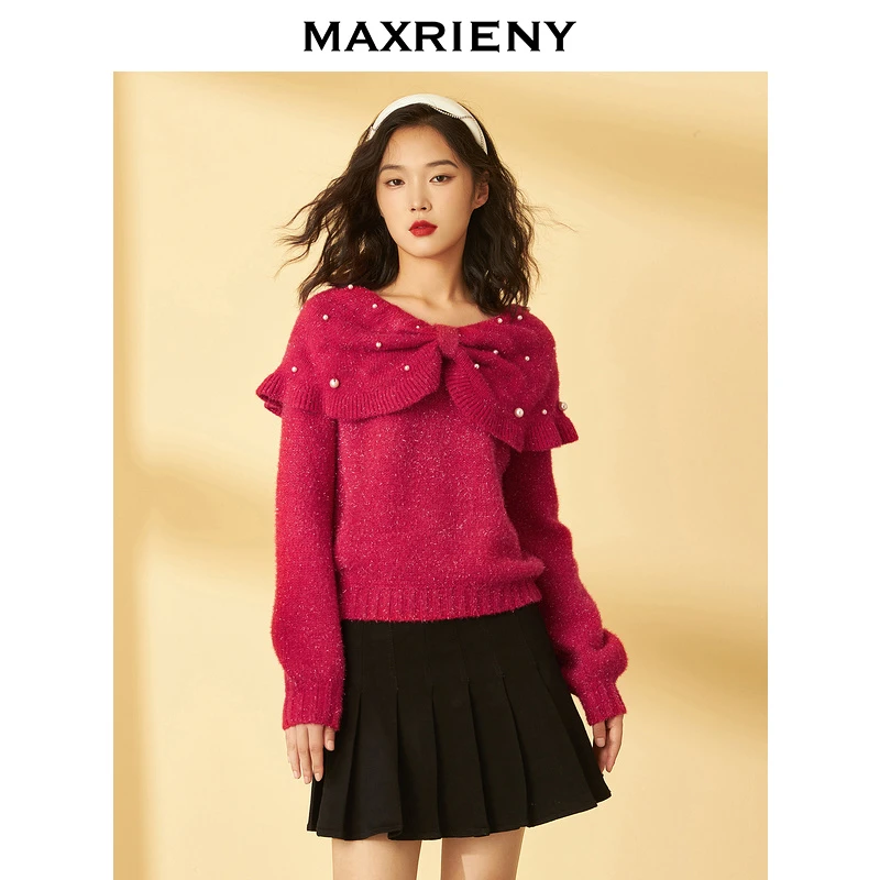【蜜思仝】MAXRIENY蝴蝶结领针织毛衫冬季复古毛针织披肩领毛衣女