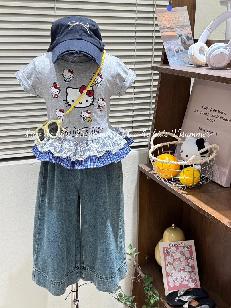 2025夏季款女童韩系可爱卡通印花格子拼接短袖女宝百搭休闲牛仔裤