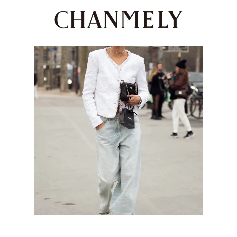 【CHANMITY】25/ss白月光重工白色花泥手工珍珠显瘦外套025256