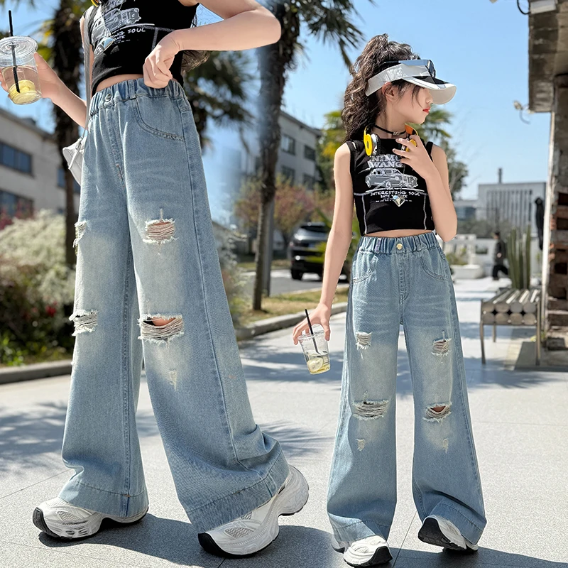 女童裤子夏季薄款女大童宽松夏天小学生破洞阔腿裤夏装儿童牛仔裤