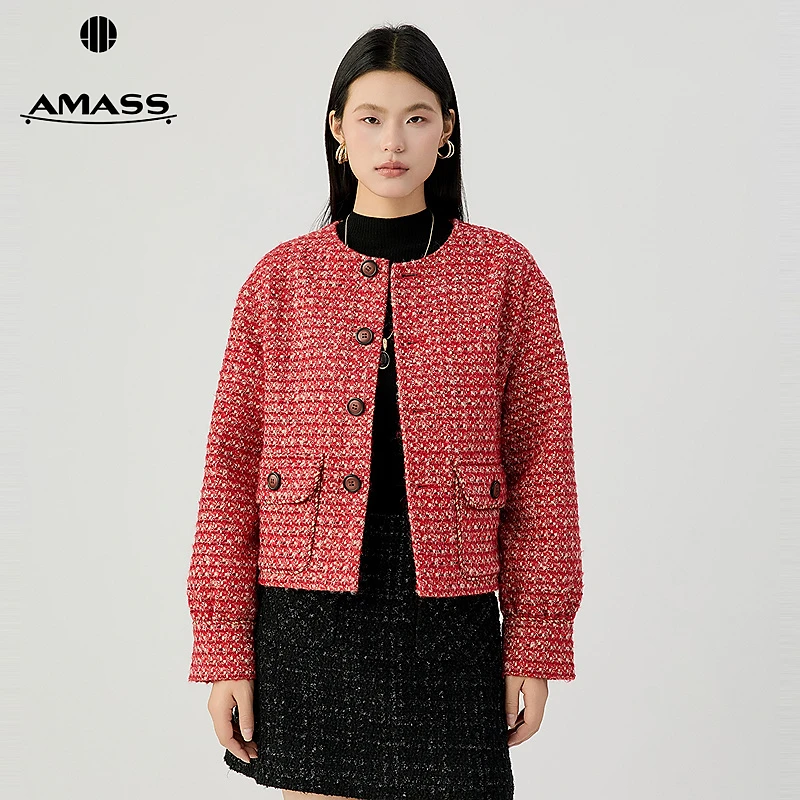 阿玛施AMASS 秋冬新款轻奢复古花呢圆领宽松小香风外套女5400912