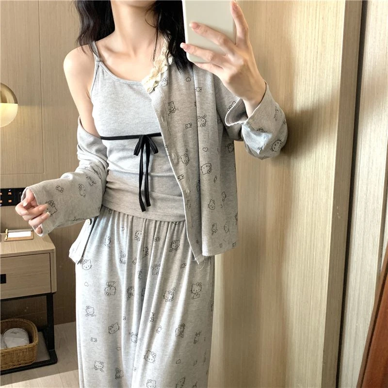 韩版莫代尔睡衣女春秋季薄款长袖带胸垫三件套可外穿家居服夏套装