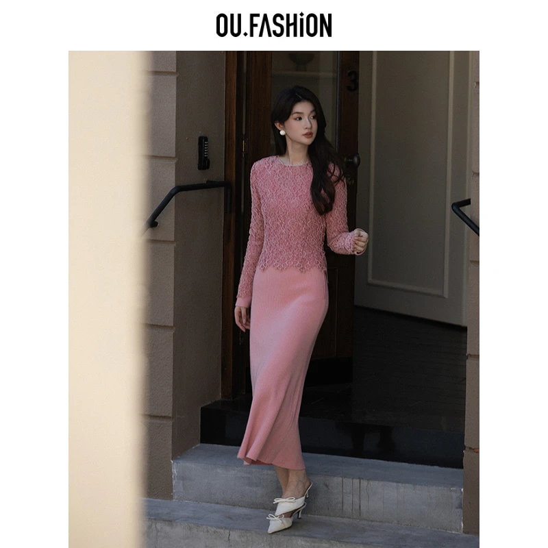 OU.FASHION/欧点时尚秋季领连衣裙蕾丝优雅复古外搭1032440041