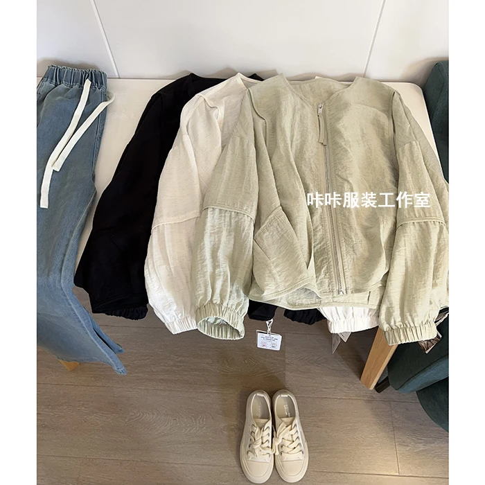 REKAYYAT"椰子冰“亚麻简约时尚百搭减龄宽松舒适拉链款防晒衫外套