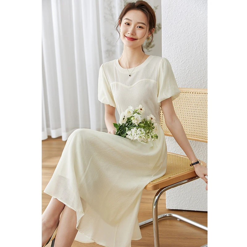 *梵希蔓温柔甜美连衣裙泡泡袖圆领收腰A字裙M2127