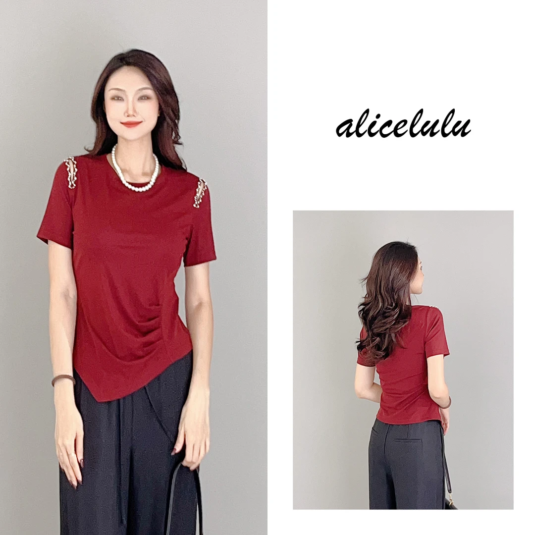 6 alicelulu A4腰打底衫 柔滑褶皱 璀璨钉钻 S1033819L