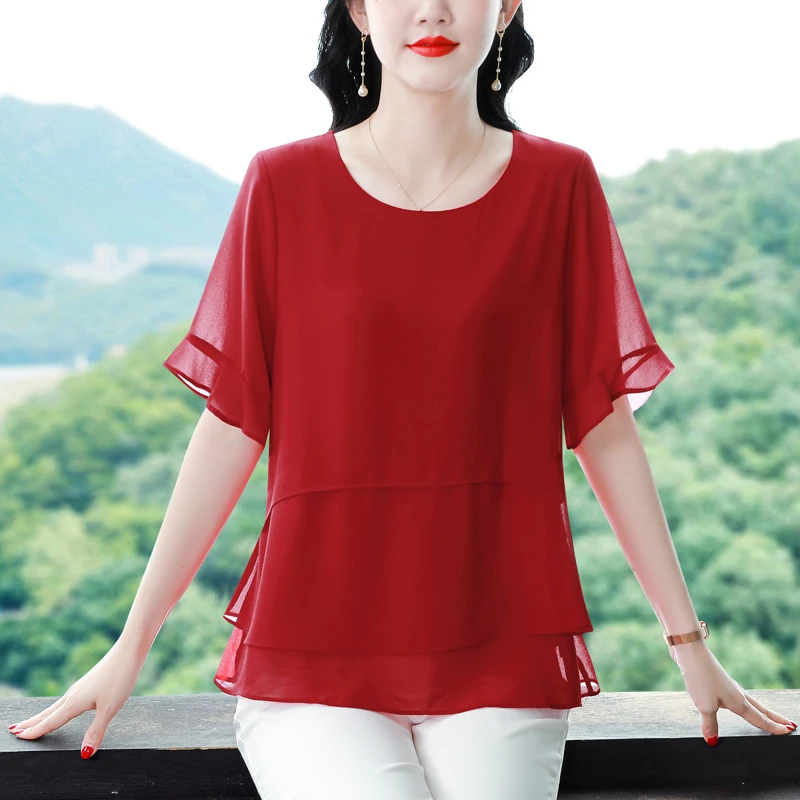 高级感妈妈遮肚子雪纺衫女士2025夏季新款宽松减龄时尚荷叶边上衣