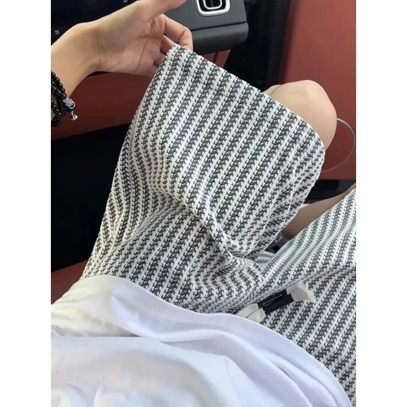 小香风针织短裤男款夏季黑白条纹运动五分裤高级感宽松阔腿半截裤