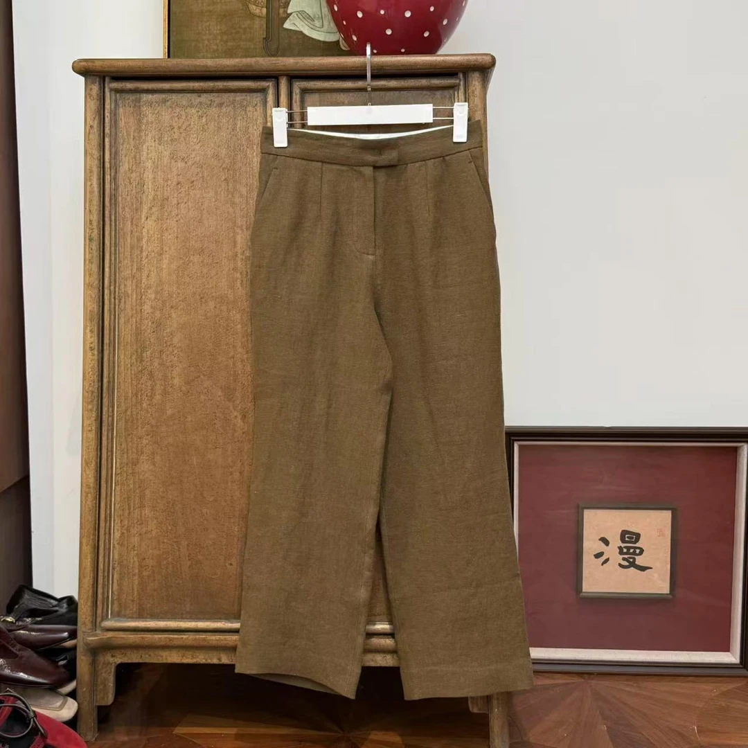 MYL2025春季新品亚麻军绿色休闲裤中腰直筒纯色时尚通勤长裤
