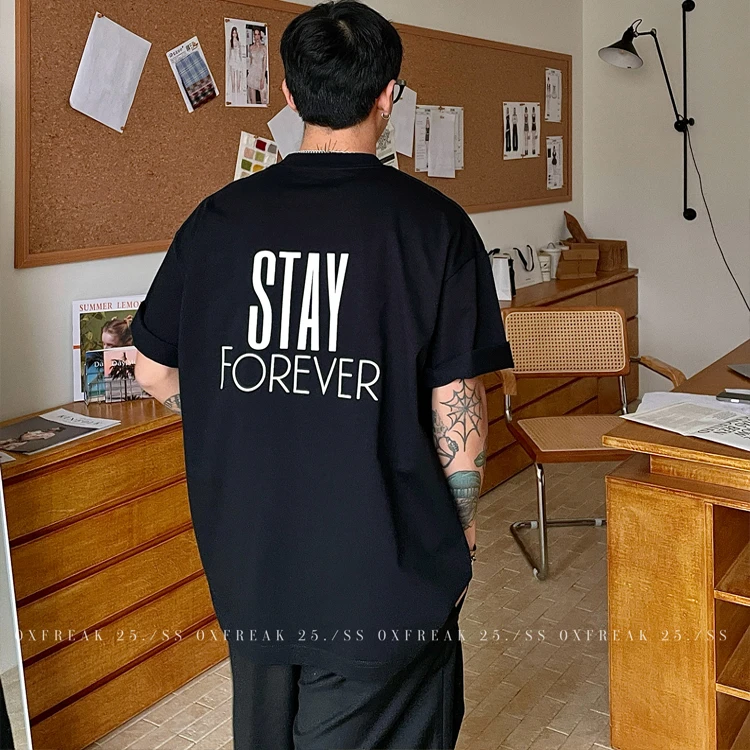 OXFREAK「字母标语印花」300g重磅黑色短袖t恤男宽松落肩情侣半袖