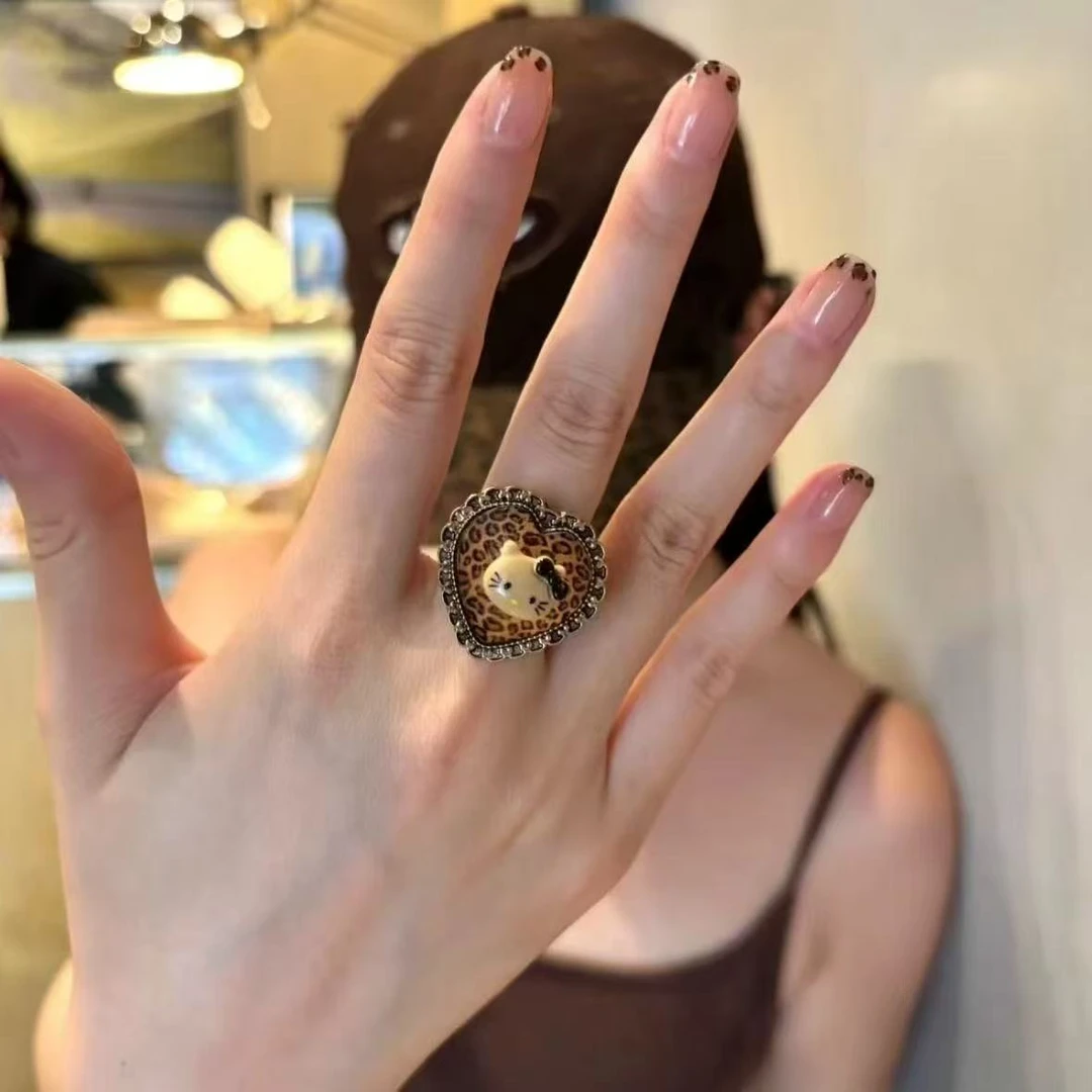 【达人专属】新款复古kitty豹纹桃心个性气质戒指指环首饰