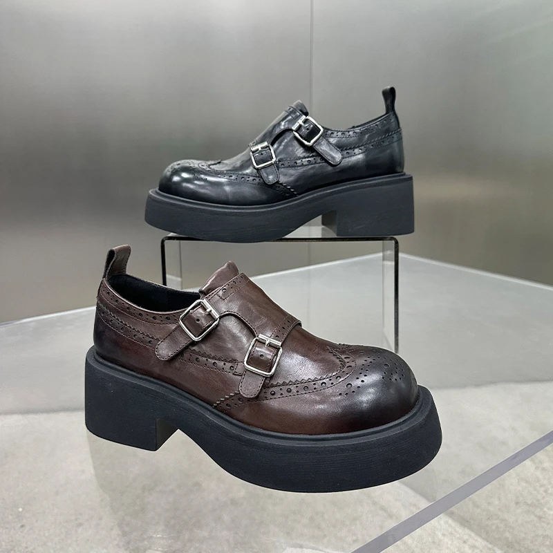 【左右华菲】5.5cm英伦学院风厚底乐福鞋女2025春季新款手抓皱单鞋