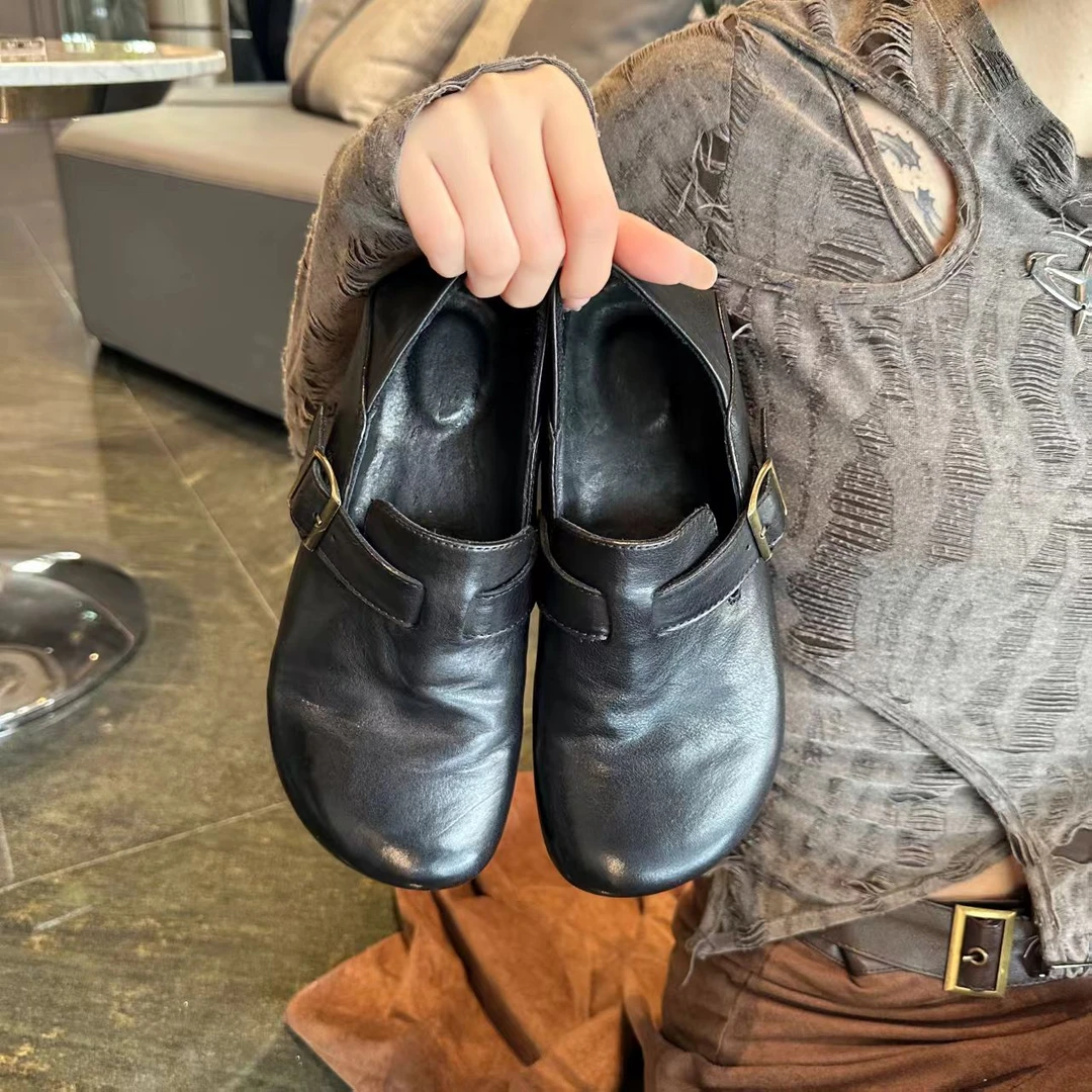 蒙M水洗马皮休闲轻便两穿可踩一脚蹬小皮鞋乐福鞋全包勃肯鞋女