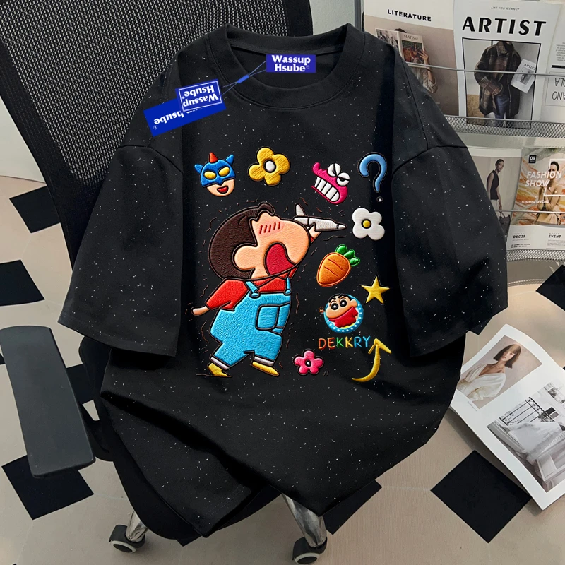 WASSUP HSUBE蜡笔小新黑色重磅纯棉短袖男女t恤宽松oversize卡通