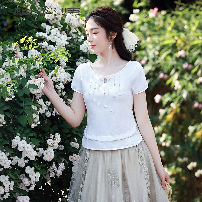 烟花烫新中式t恤女2025 夏季新款小个子修身气质棉短袖上衣 容榕