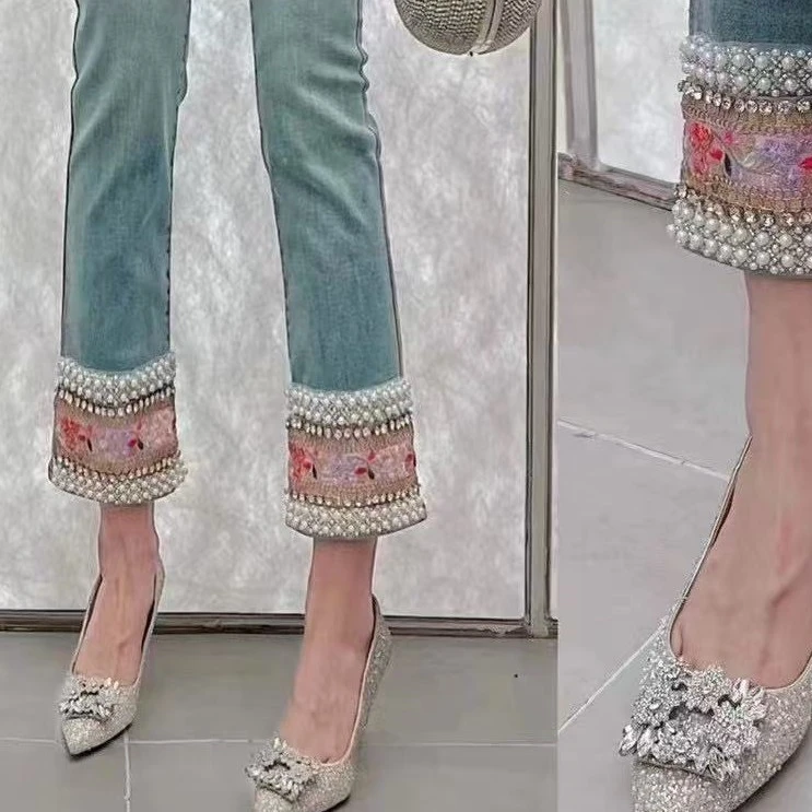 （柚柚）高品质大码牛仔裤重工高腰高弹显瘦牛仔裤