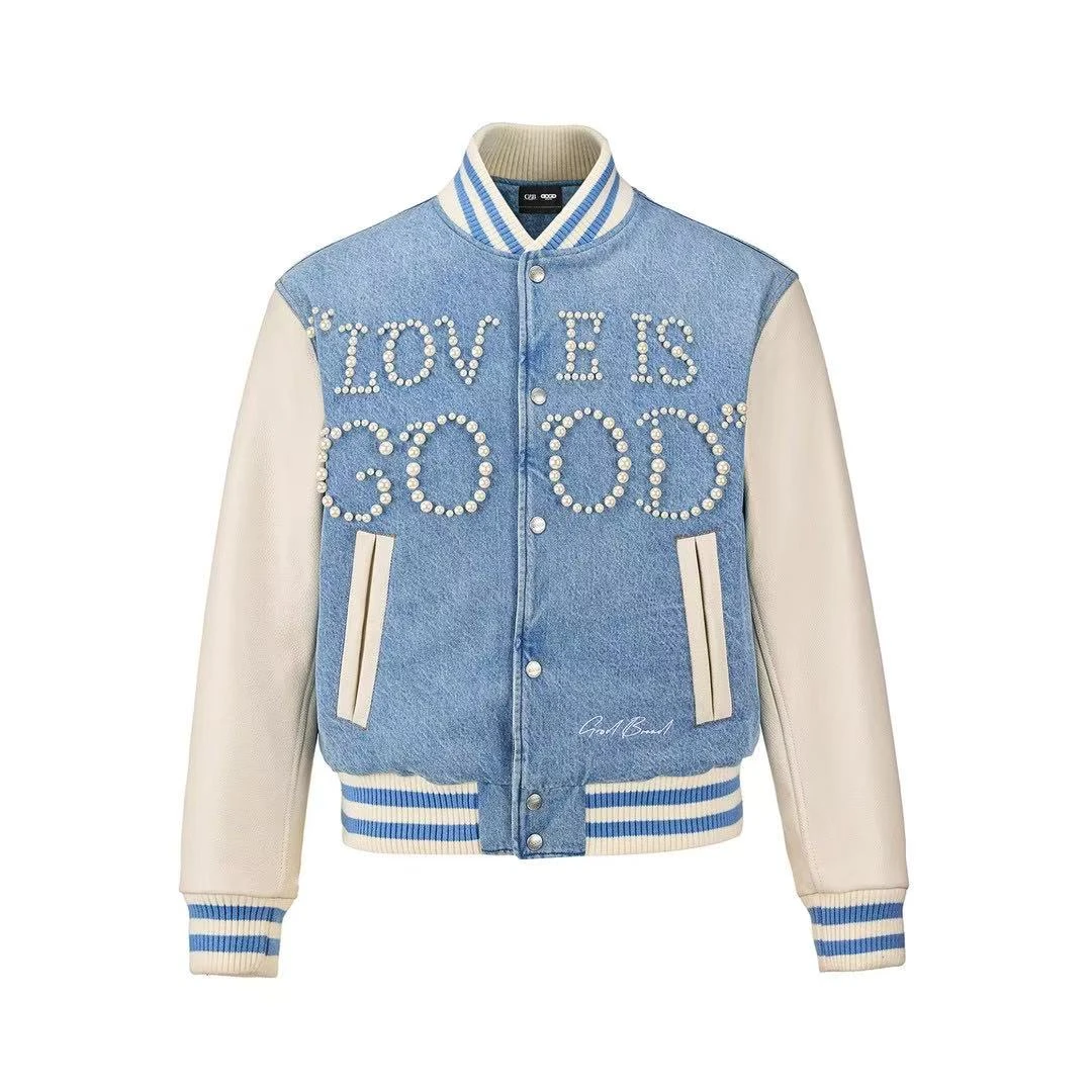 GOODBRAND LOVE IS GOOD珍珠牛仔轻奢时尚感棒球服夹克男女同款
