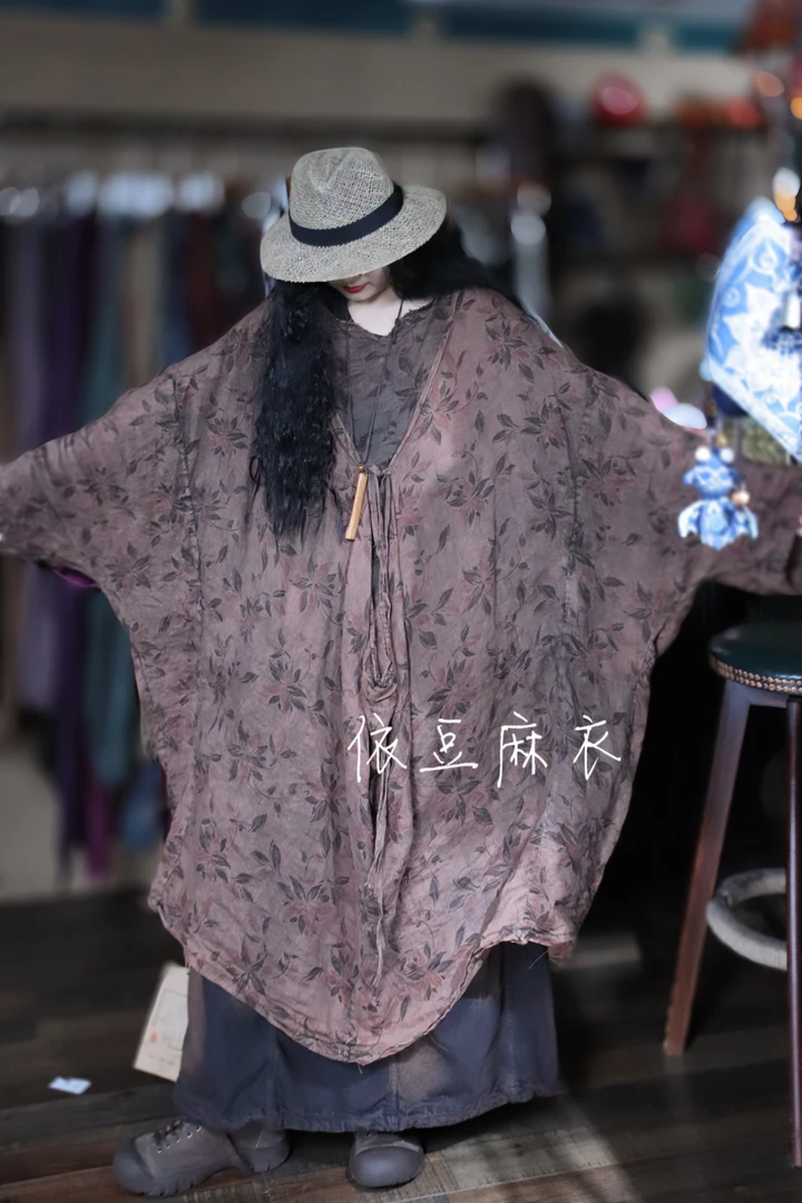 【依豆麻衣】高定系列花色假两件纯苎麻禅意风脏洗花色布袋长衫