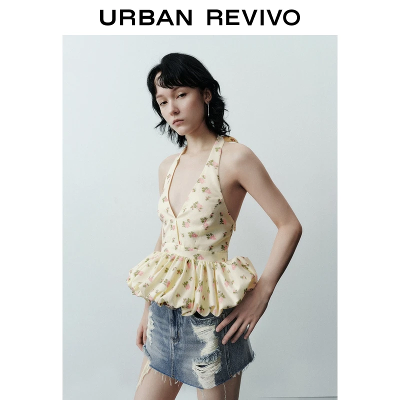 UR2025秋季新款女装流光风碎花挂脖系带花苞吊带衫UWG250176