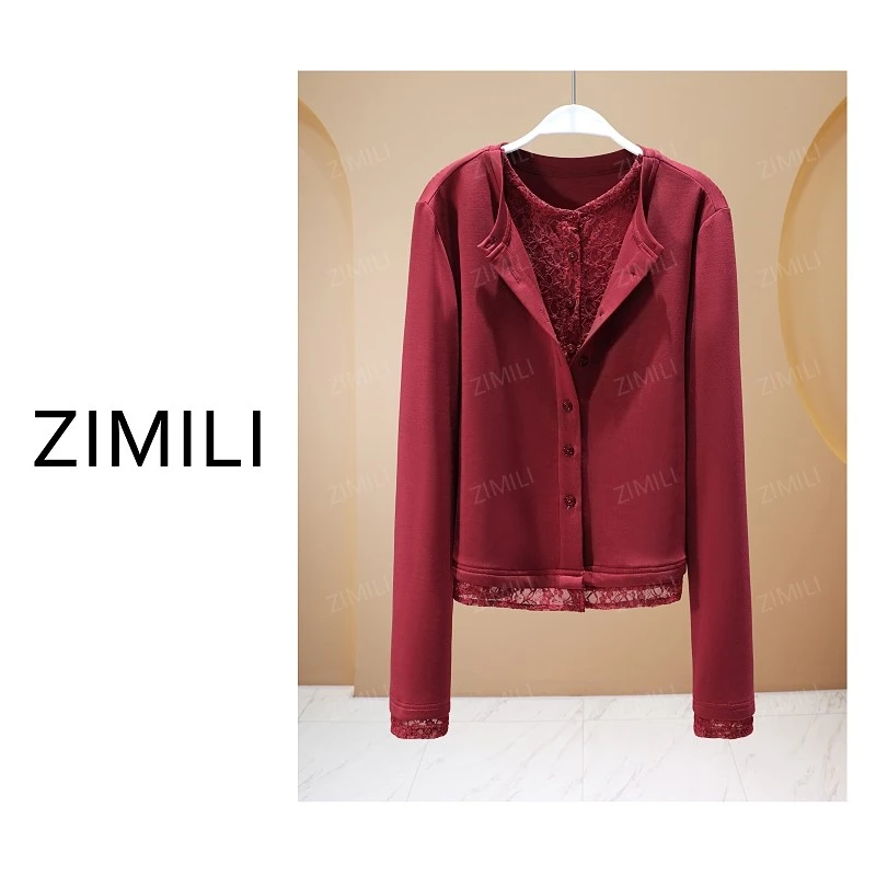 【亮哥欧货女装】冬季热感天丝《绣梦》酒红高弹显瘦开衫上衣26007-A8