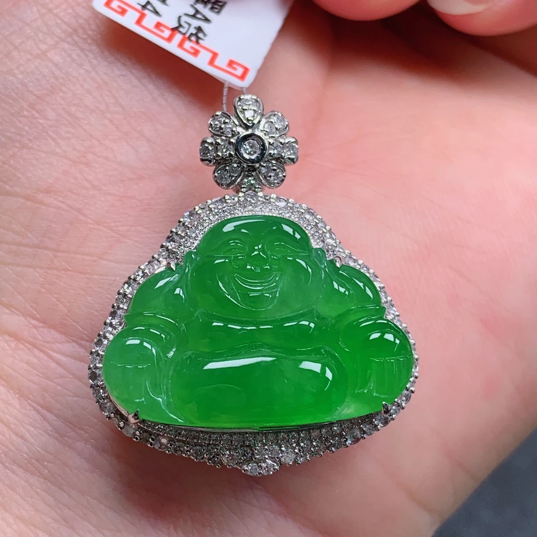天然缅甸翡翠A货18k金满绿佛公气质精美整体尺寸30*25.8*10.8 425
