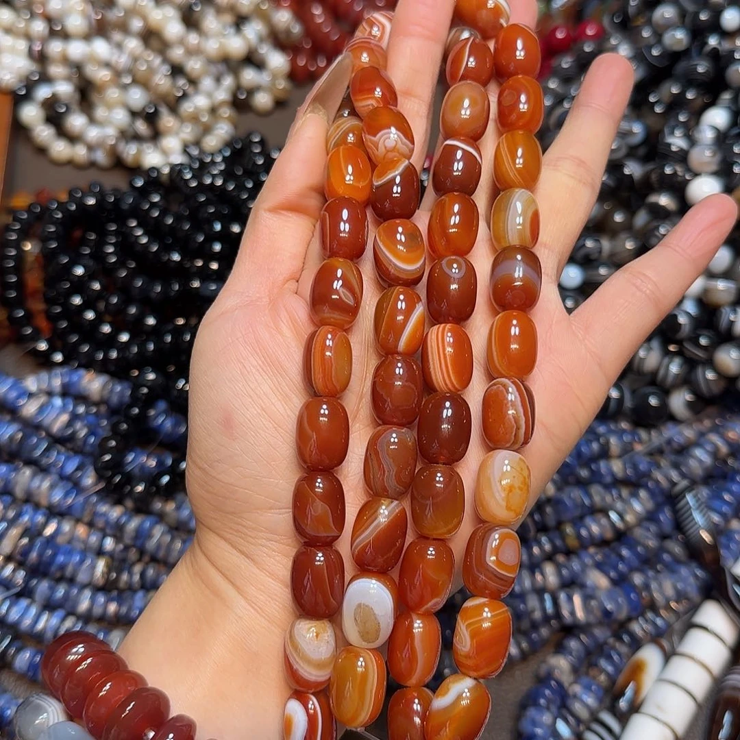 玛瑙/玉髓未镶嵌珠宝半成品12✖️16mm线条红玛瑙桶一条