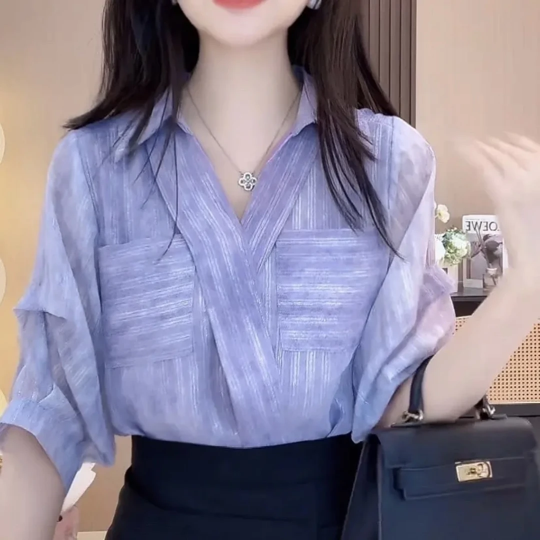 2025夏季新款简约优雅宽松袋小衫显瘦遮肉款高级气质洋气衬衫
