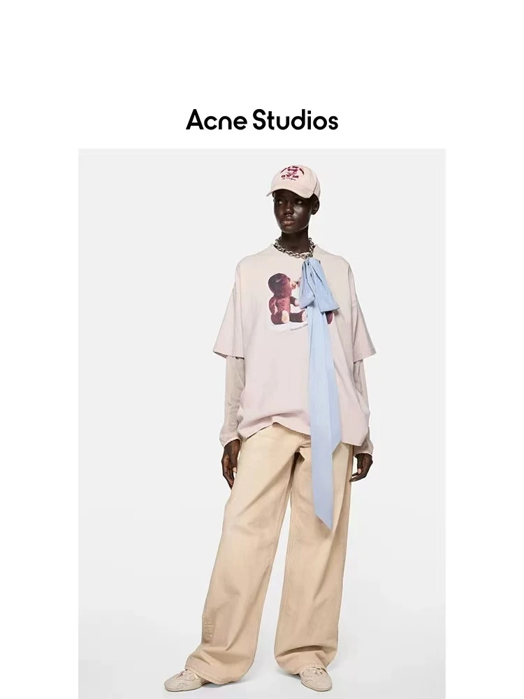 未使用 Acne studio ‘ s女士 复古图案印花宽松假两件长袖网纱T恤