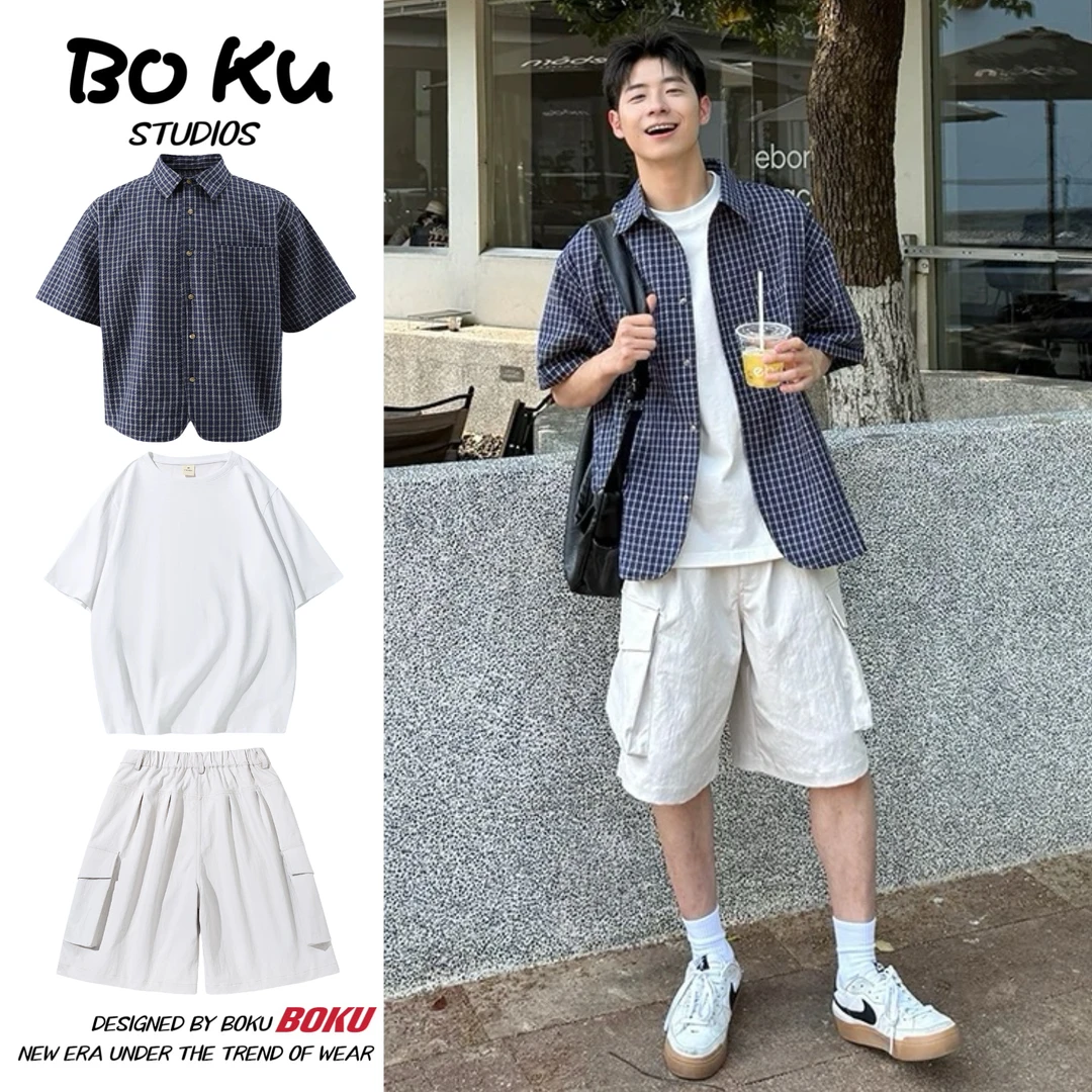 @BOKU三件装/单件泡泡格子短袖衬衫男生夏季百搭宽松休闲衬衣套装