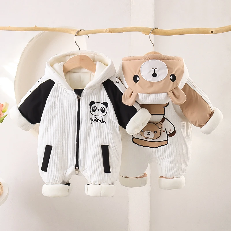 婴儿连体衣夹棉加厚插肩厚棉衣新生儿加绒爬服宝宝衣服冬装