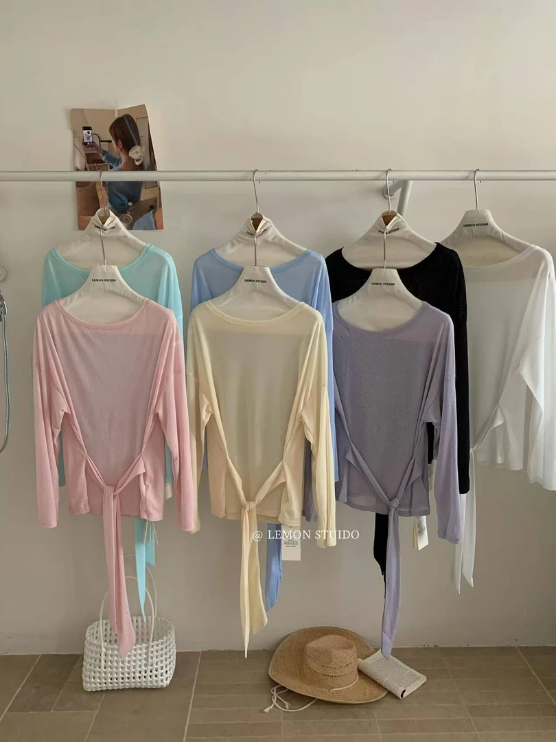 LEMON（9LM067#)可斜肩一字肩 微透绑带收腰防晒T恤9-62