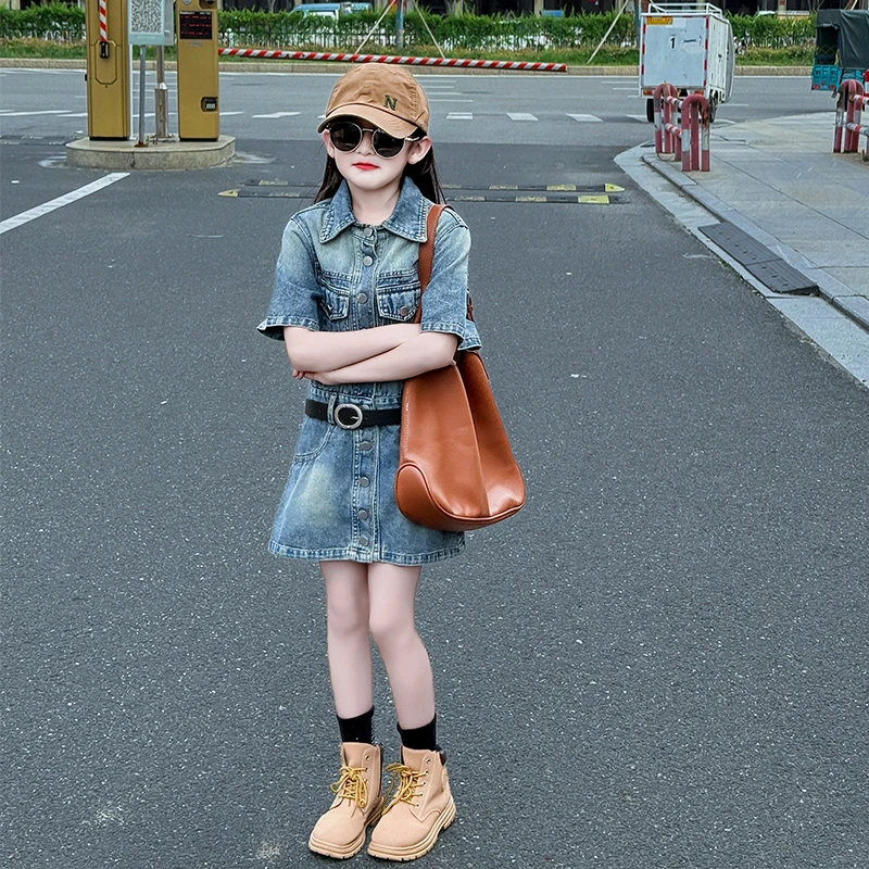 女童2025夏季新款炸街美式时尚港风穿搭复古牛仔工装连体连衣裙潮
