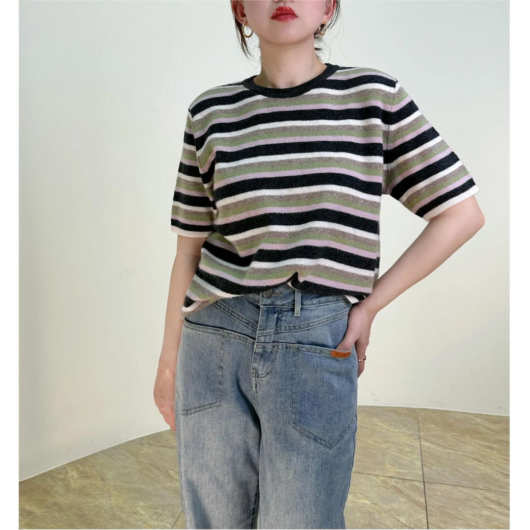 【撞色条纹】全羊毛软糯复古彩色 撞色条纹短袖针织T显瘦打底上衣