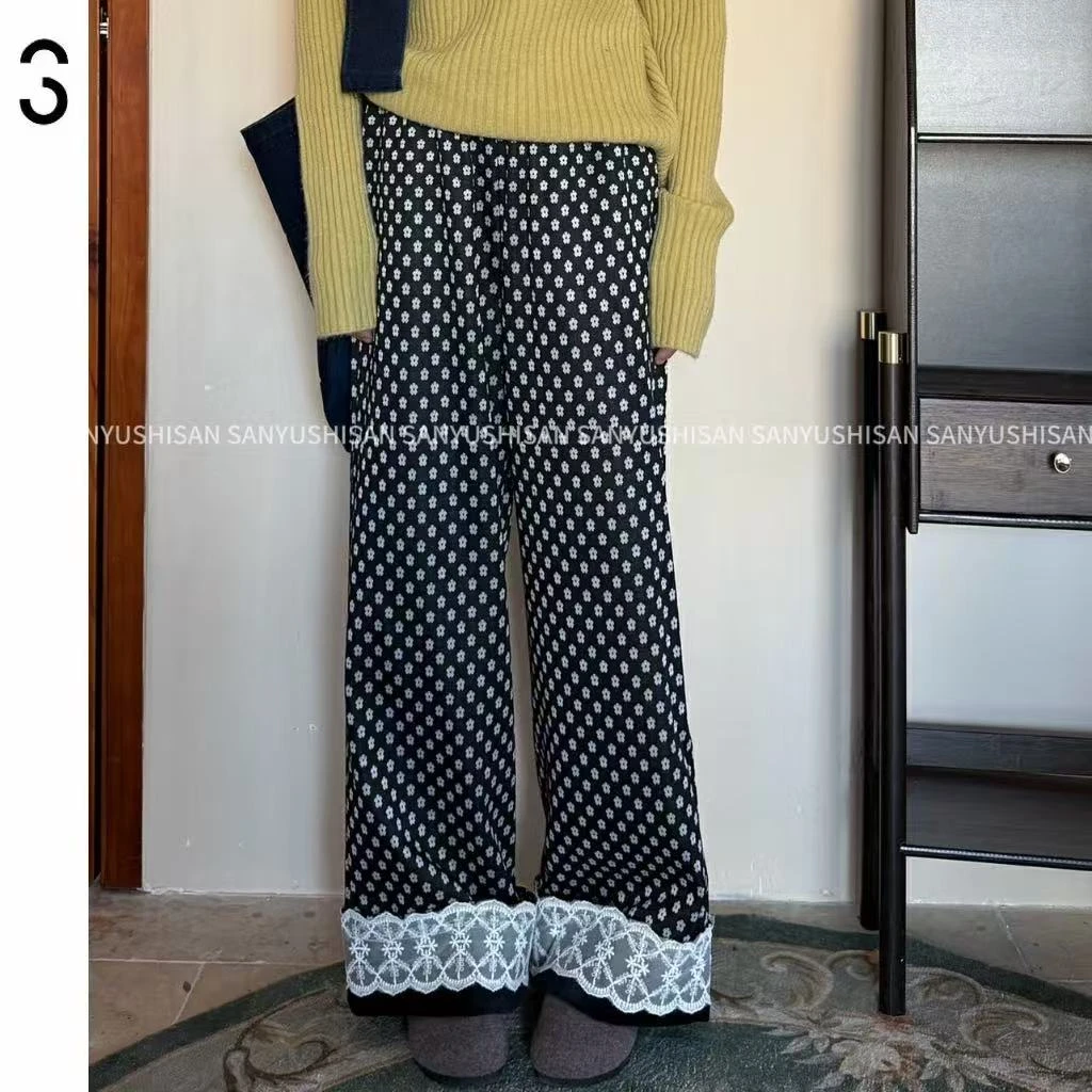 三与十三|C1127|复古加绒气质百搭小众蕾丝拼接加厚休闲裤