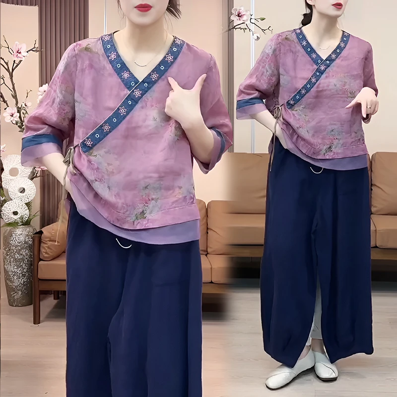 时尚印花上衣中式复古国风斜襟撞色衬衣文艺轻薄衬衫刺绣小衫女